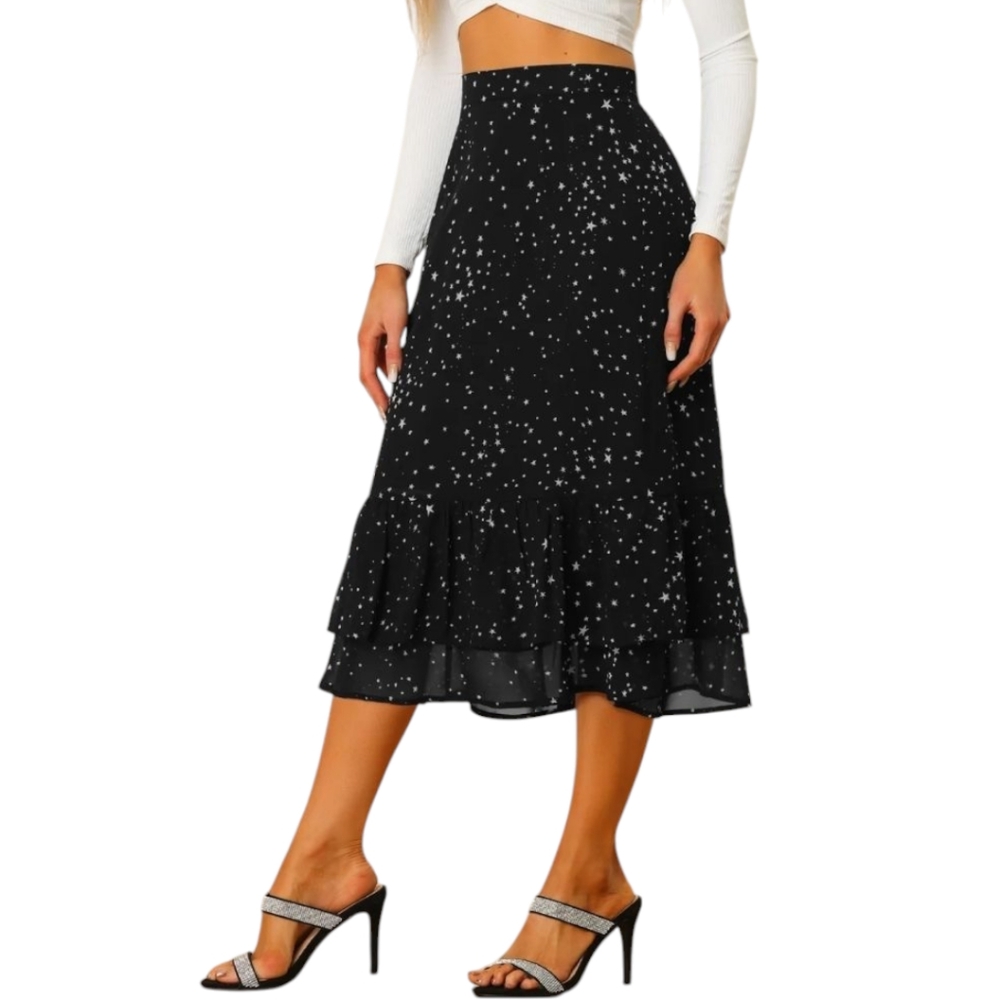 Chiffon Star Print Tiered Midi Skirt Black White Size Small